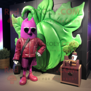 Magenta Celery mascot costume character dressed with a Leather Jacket and Wallets