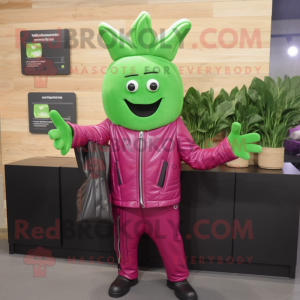 Magenta Celery mascot costume character dressed with a Leather Jacket and Wallets