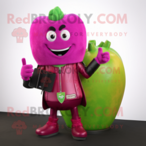 Magenta Celery mascot costume character dressed with a Leather Jacket and Wallets
