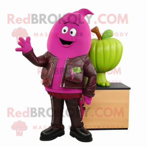 Magenta Celery mascot costume character dressed with a Leather Jacket and Wallets