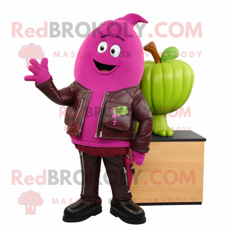 Magenta Celery mascot costume character dressed with a Leather Jacket and Wallets