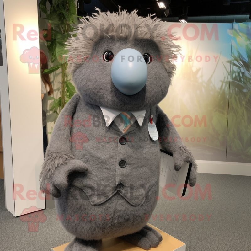 Gray Kiwi mascot costume character dressed with a Dress Shirt and Hairpins