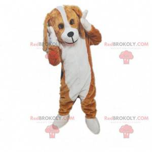 Mascota de perro marrón y blanco, disfraz de perrito de dos
