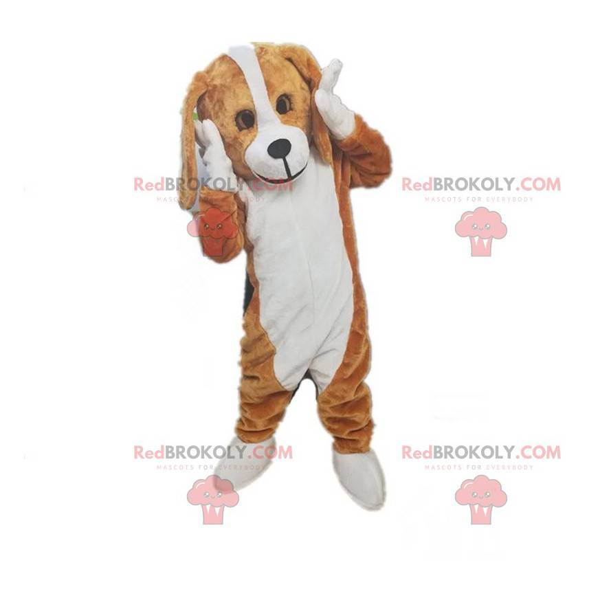 Mascotte cane marrone e bianco, costume da cagnolino bicolore -