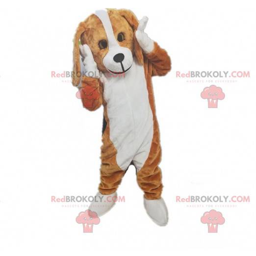 Mascotte de chien marron et blanc, costume de toutou bicolore -