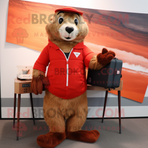 Red Marmot mascot costume character dressed with a Long Sleeve Tee and Briefcases