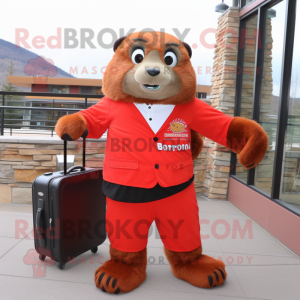 Red Marmot mascot costume character dressed with a Long Sleeve Tee and Briefcases