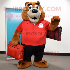Red Marmot mascot costume character dressed with a Long Sleeve Tee and Briefcases