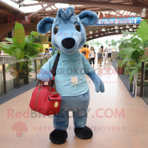 Sky Blue Tapir mascot costume character dressed with a Denim Shorts and Tote bags