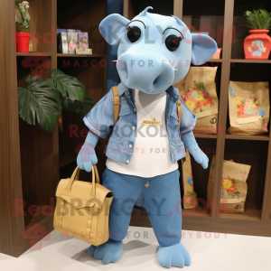 Sky Blue Tapir mascot costume character dressed with a Denim Shorts and Tote bags