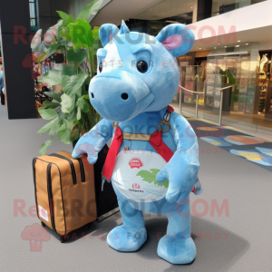 Sky Blue Tapir mascot costume character dressed with a Denim Shorts and Tote bags