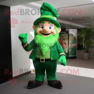 Forest Green Leprechaun Hat mascot costume character dressed with a Jumpsuit and Scarves