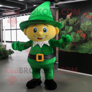 Forest Green Leprechaun Hat mascot costume character dressed with a Jumpsuit and Scarves