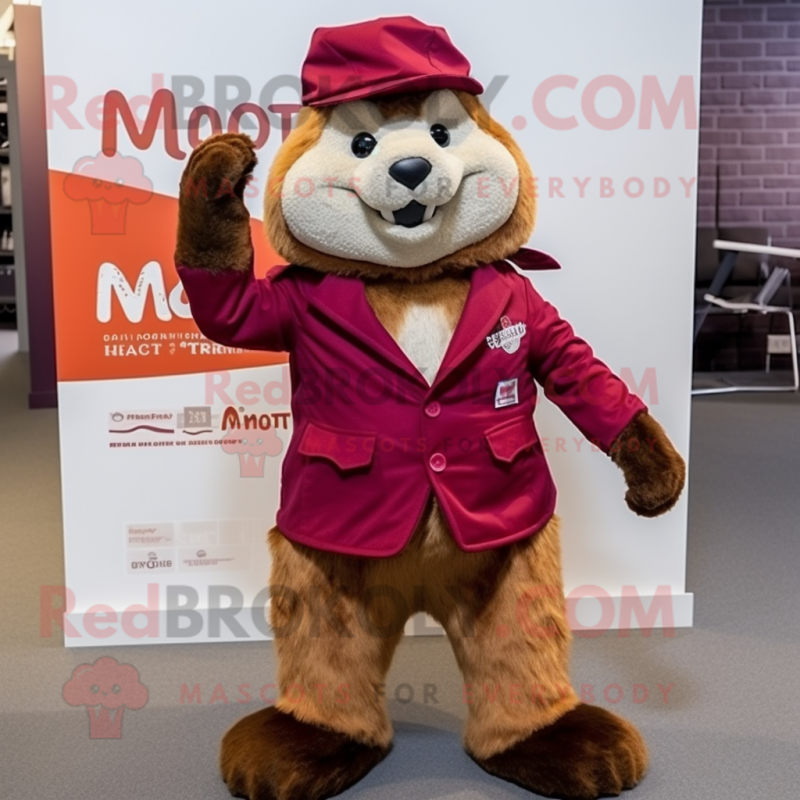 Maroon Marmot mascot costume character dressed with a Waistcoat and Mittens Maroon Marmot mascot costume character dressed with a Waistcoat and Mittens
