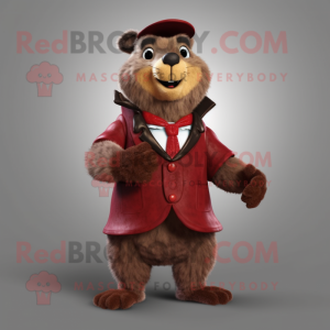Maroon Marmot mascot costume character dressed with a Waistcoat and Mittens