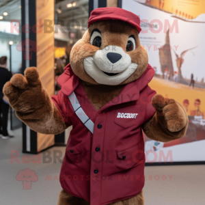 Maroon Marmot mascot costume character dressed with a Waistcoat and Mittens