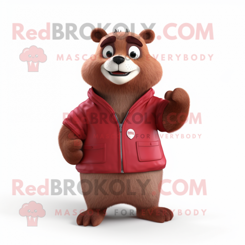 Maroon Marmot mascot costume character dressed with a Waistcoat and Mittens