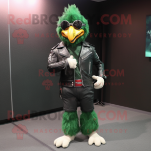 Forest Green Chicken mascot costume character dressed with a Biker Jacket and Belts