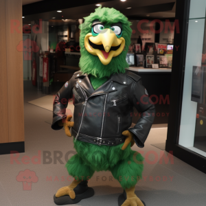Forest Green Chicken mascot costume character dressed with a Biker Jacket and Belts