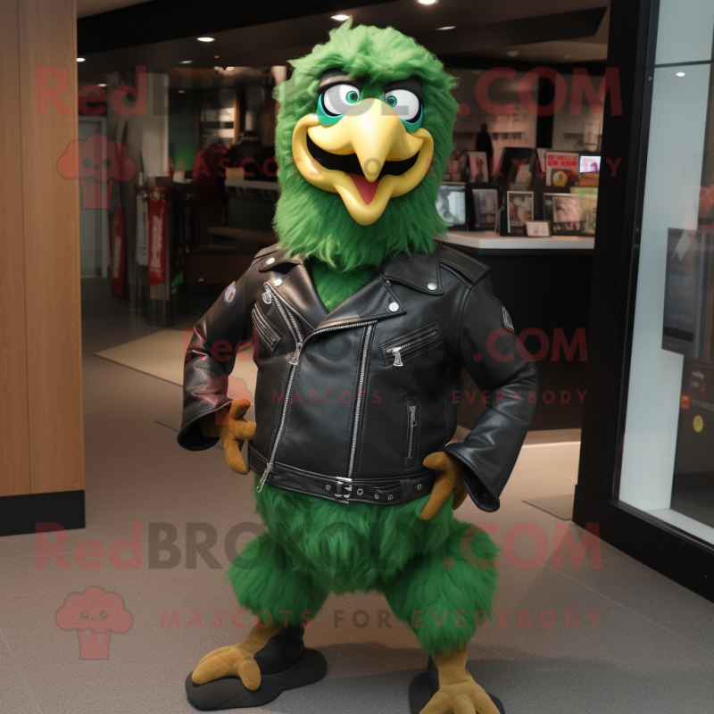 Forest Green Chicken mascot costume character dressed with a Biker Jacket and Belts Forest Green Chicken mascot costume character dressed with a Biker Jacket and Belts