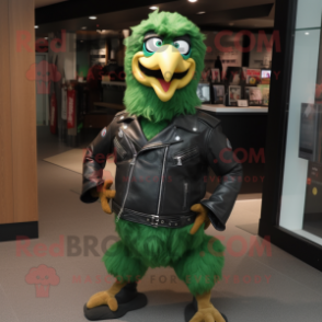 Forest Green Chicken mascot costume character dressed with a Biker Jacket and Belts