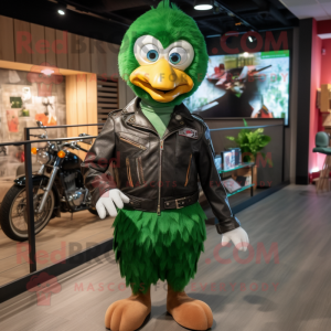 Forest Green Chicken mascot costume character dressed with a Biker Jacket and Belts