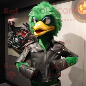 Forest Green Chicken mascot costume character dressed with a Biker Jacket and Belts