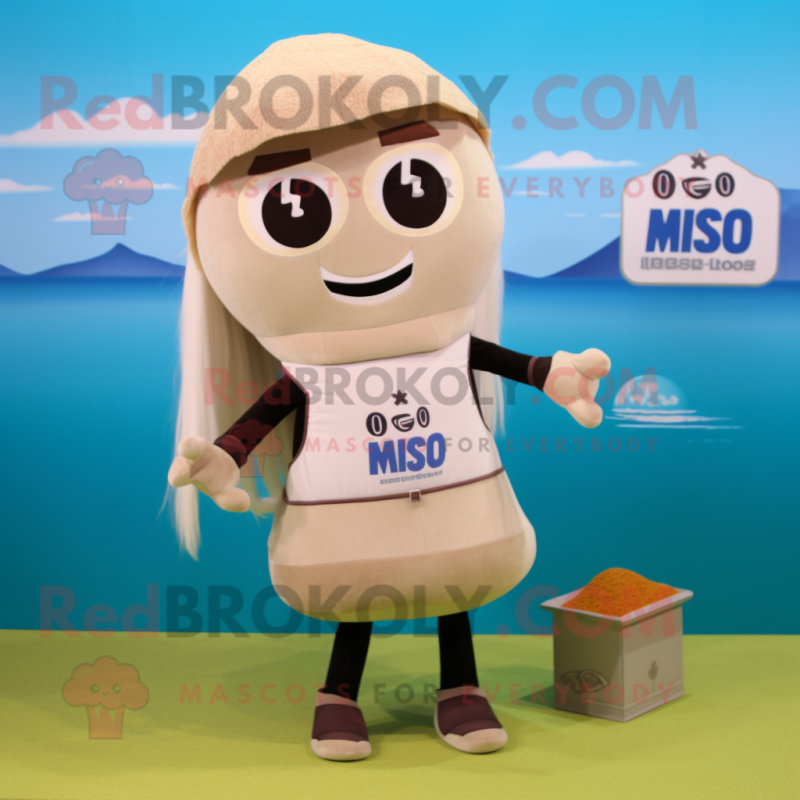 Beige Miso Soup mascot costume character dressed with a Bikini and Messenger bags Beige Miso Soup mascot costume character dressed with a Bikini and Messenger bags