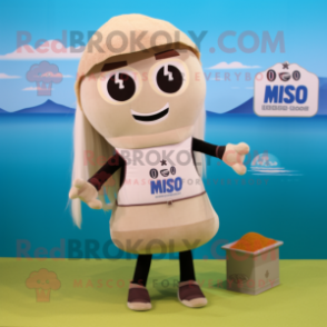 Beige Miso Soup mascot costume character dressed with a Bikini and Messenger bags