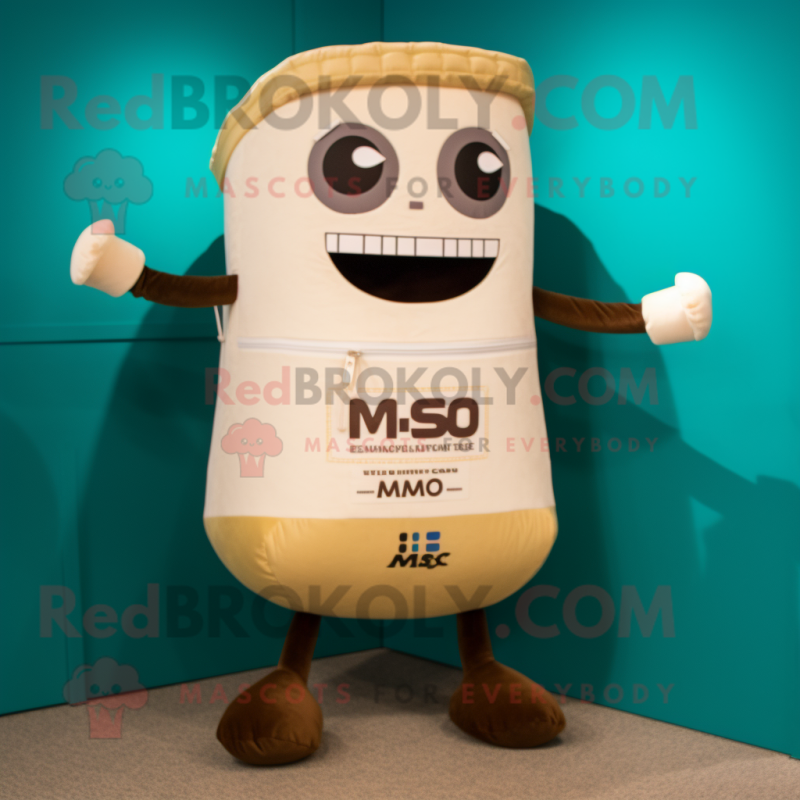 Beige Miso Soup mascot costume character dressed with a Bikini and Messenger bags