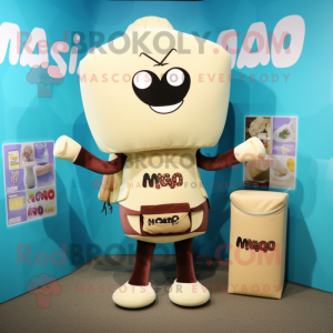 Beige Miso Soup mascot costume character dressed with a Bikini and Messenger bags