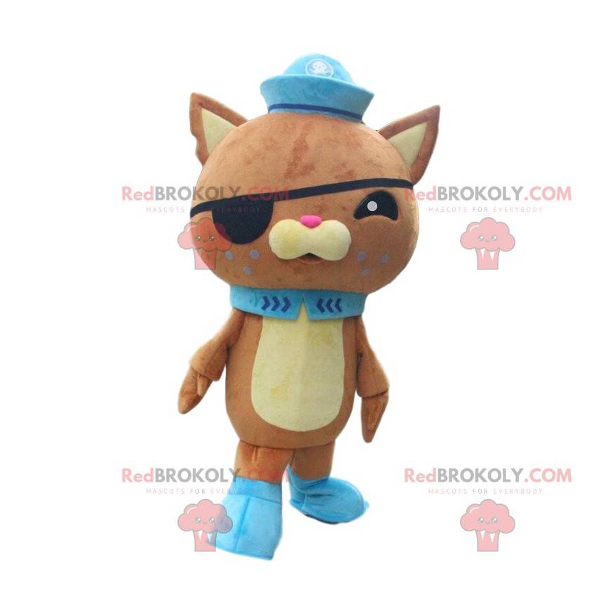 Mascotte de chat marron en tenue de pirate, chat en peluche -