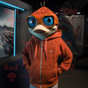 Rust Swordfish mascot costume character dressed with a Sweatshirt and Eyeglasses