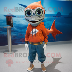 Rust Swordfish mascot costume character dressed with a Sweatshirt and Eyeglasses