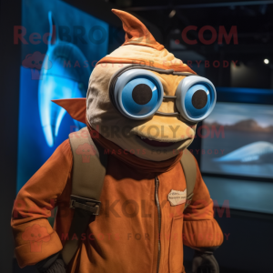 Rust Swordfish mascot costume character dressed with a Sweatshirt and Eyeglasses
