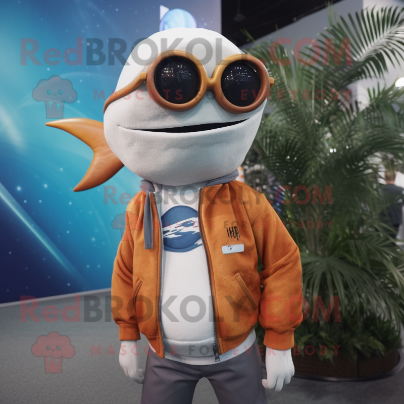 Rust Swordfish mascot costume character dressed with a Sweatshirt and Eyeglasses