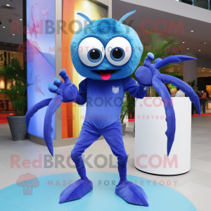 Blue Spider mascot costume character dressed with a Flare Jeans and Smartwatches