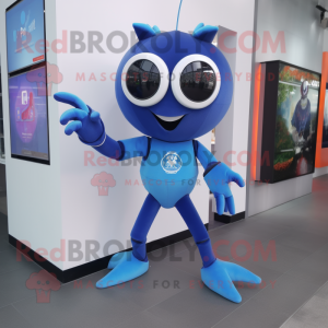 Blue Spider mascot costume character dressed with a Flare Jeans and Smartwatches