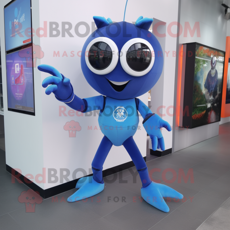 Blue Spider mascot costume character dressed with a Flare Jeans and Smartwatches Blue Spider mascot costume character dressed with a Flare Jeans and Smartwatches