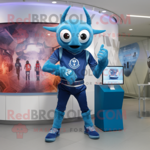 Blue Spider mascot costume character dressed with a Flare Jeans and Smartwatches