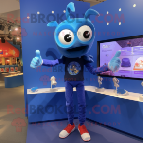 Blue Spider mascot costume character dressed with a Flare Jeans and Smartwatches