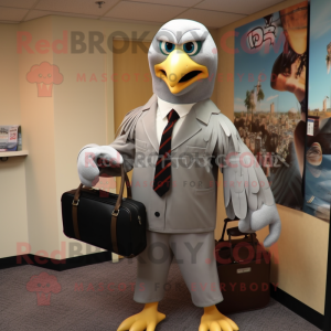 Gray Bald Eagle mascot costume character dressed with a Culottes and Briefcases
