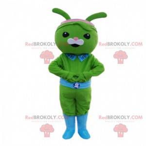 Green rabbit mascot with a belt and a blue collar -