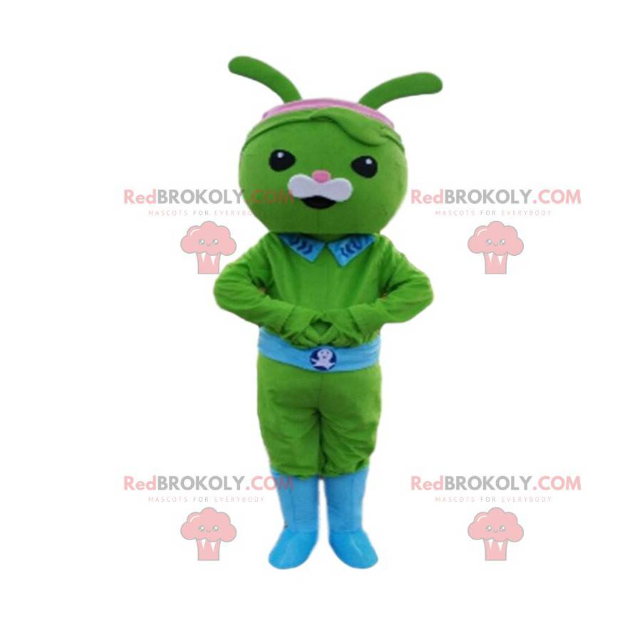 Green rabbit mascot with a belt and a blue collar -