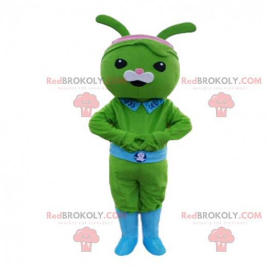 Mascotte coniglio verde con cintura e colletto blu -
