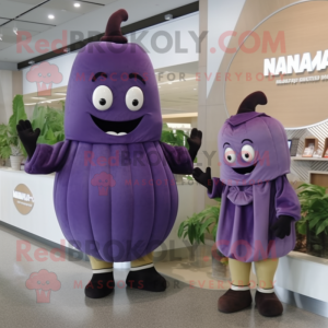 nan Eggplant mascot costume character dressed with a Romper and Clutch bags