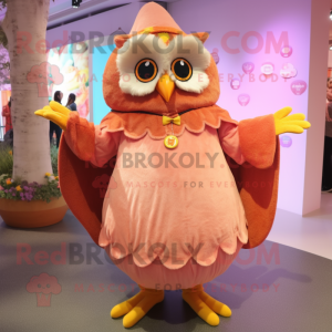 Peach Owl mascot costume character dressed with a Skirt and Mittens