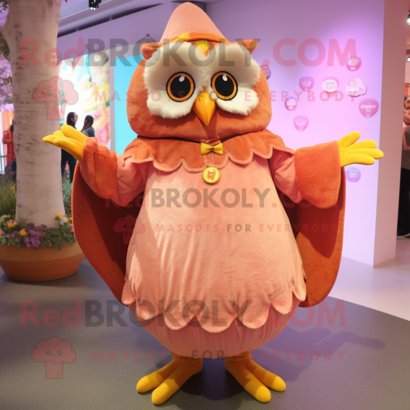 Peach Owl mascot costume character dressed with a Skirt and Mittens Peach Owl mascot costume character dressed with a Skirt and Mittens