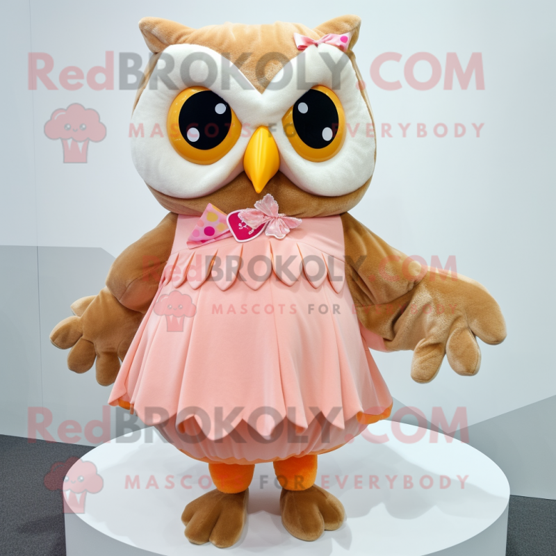 Peach Owl mascot costume character dressed with a Skirt and Mittens