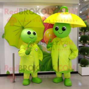 Lime Green Cherry mascot costume character dressed with a Raincoat and Brooches